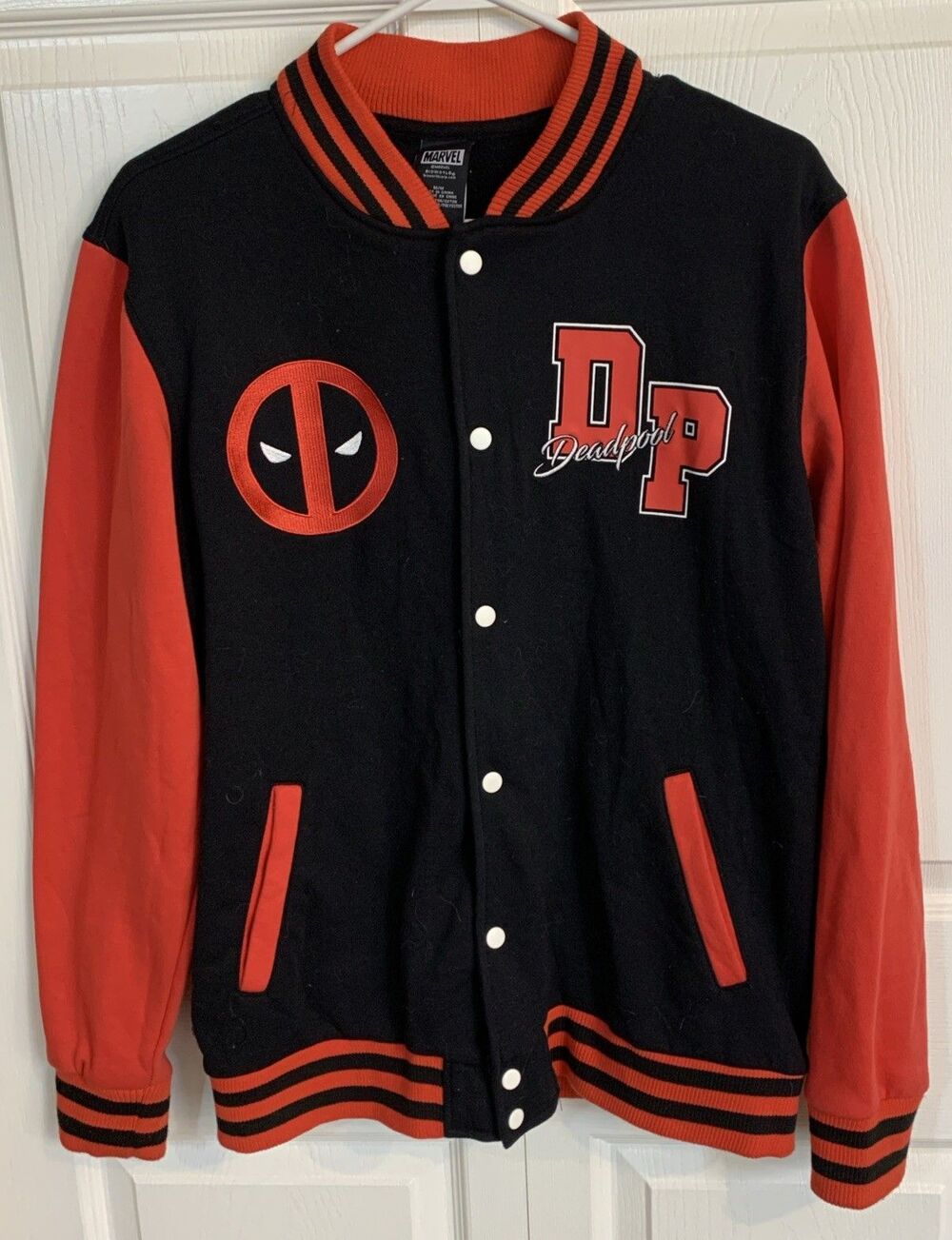 Deadpool Marvel Merc Varsity Style Jacket Mens M Black & Red Snap Front